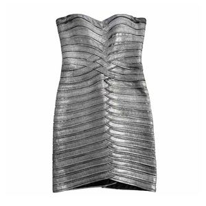 BCBGMAXAZRIA Metallic Silver Bandage Strapless Mini Dress XS Bodycon Party